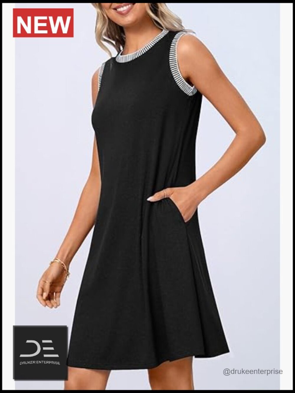 Casual Summer Sleeveless Sun Dress Beach Vacation Crewneck Contrast Trim Tank